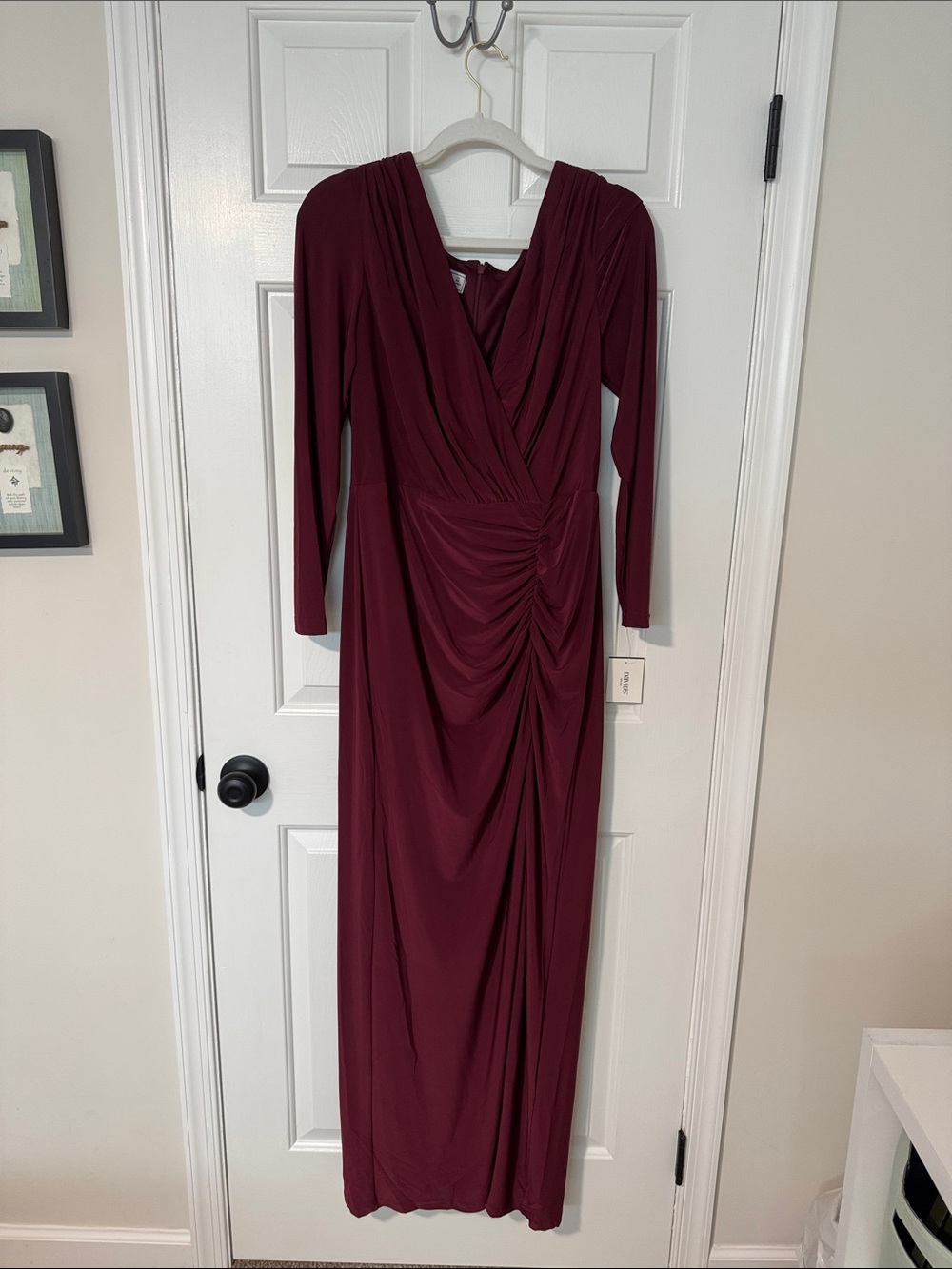 David's Bridal Long Sleeve Burgundy Ruched Wrap Maxi Dress